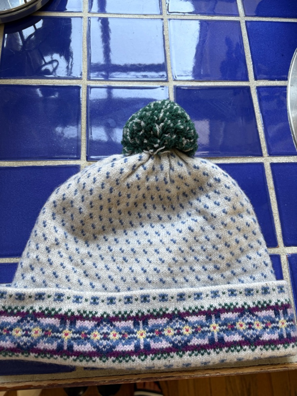 Jcrew Cream Knit Pom Beanie with Multicolor Fair Isle Trim